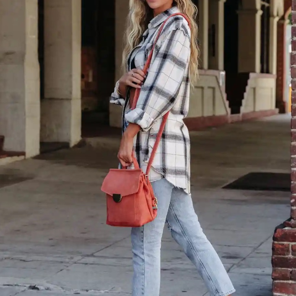 La Miel Frayed Plaid Button Down Oversized Flannel Top Shirt White Combo - Picture 5 of 9